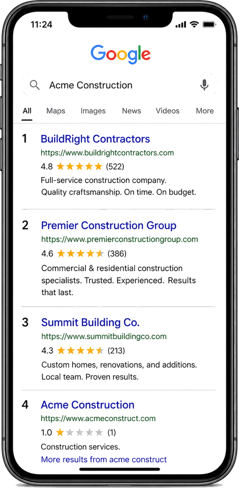Bad Google search result — buried below competitors