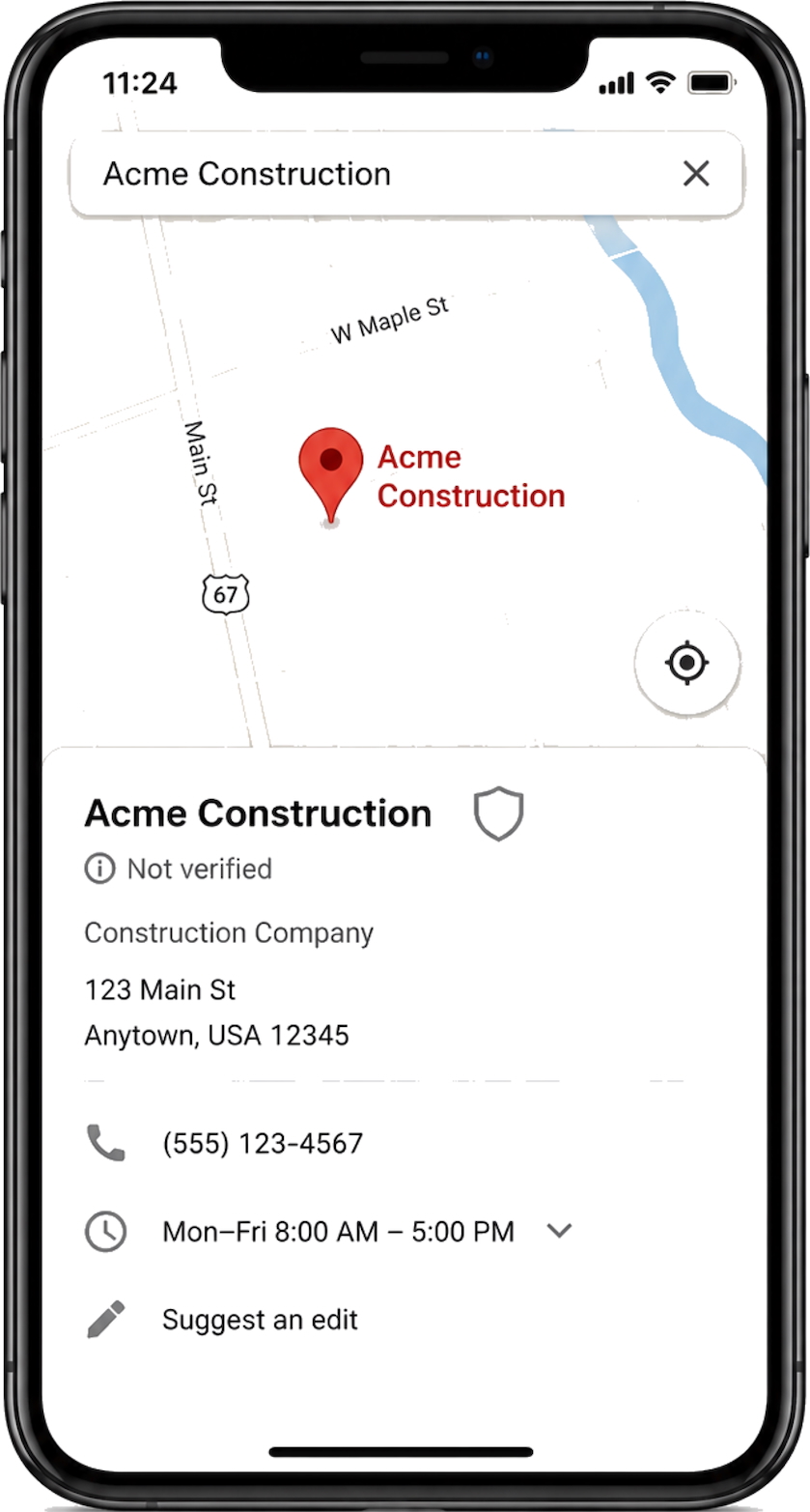 Bad Google Maps result — unverified, sparse listing