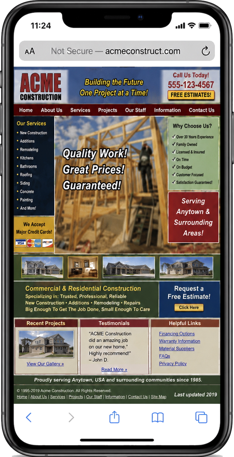 Bad mobile website — cluttered and dated