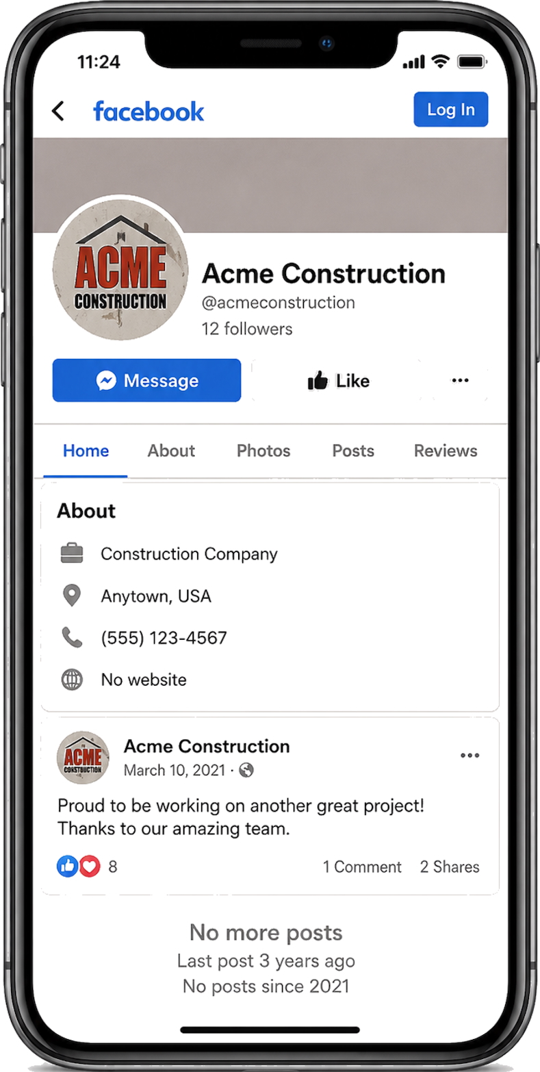 Bad Facebook page — few followers, no recent posts