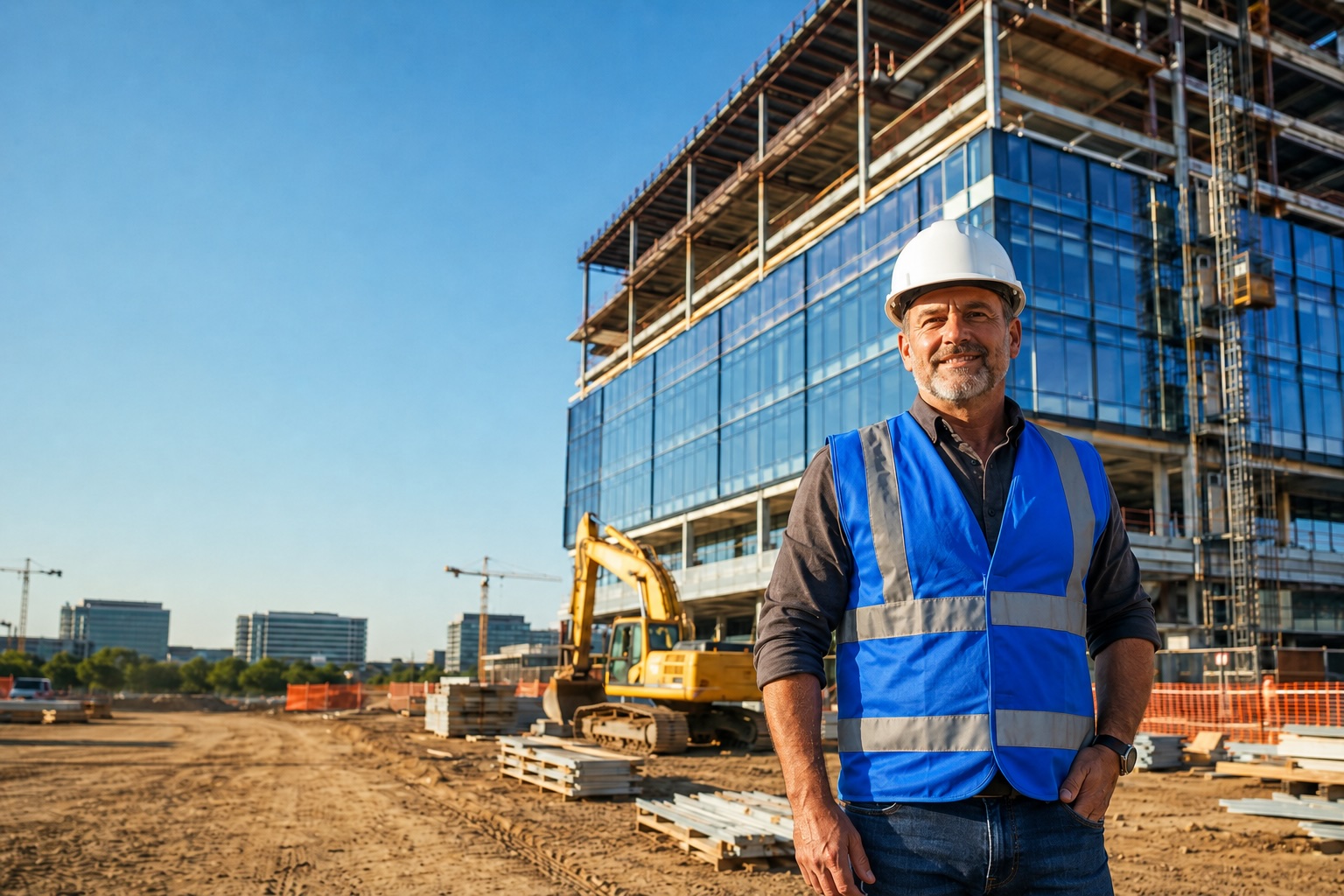 Construction company owner in a hi-vis vest at a commercial glass high-rise build under a clear blue sky