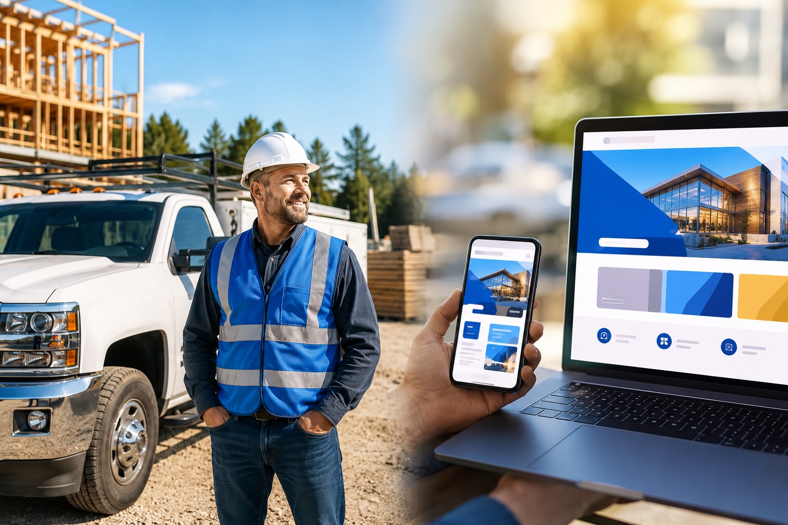 A contractor on the jobsite beside his company website on a laptop and phone