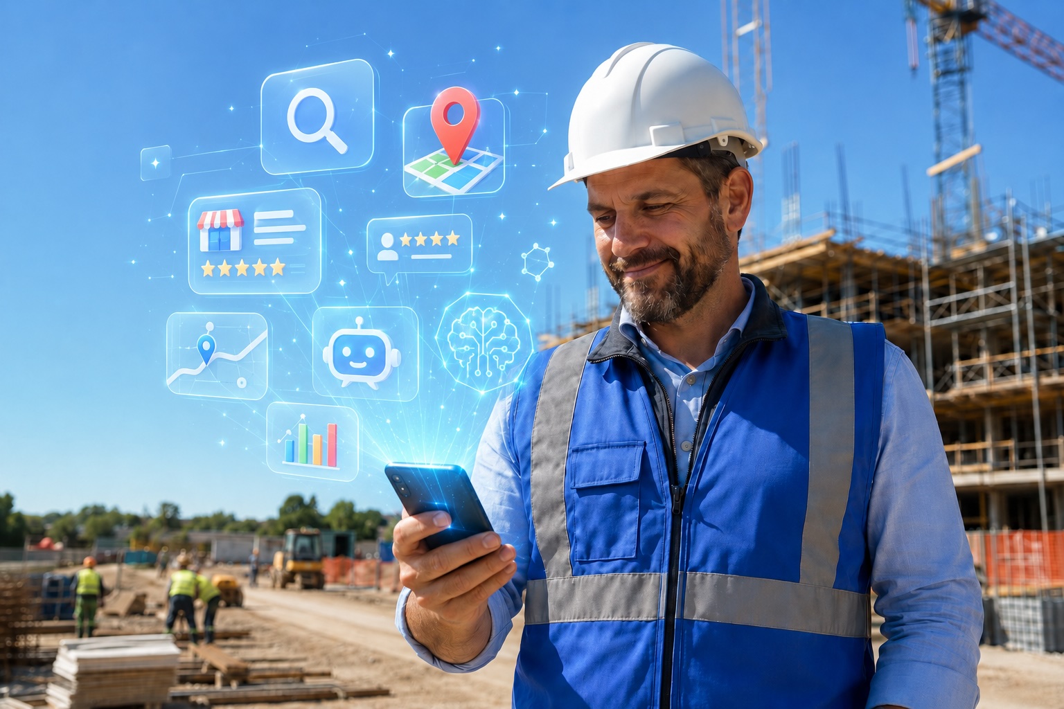 Hero photo — contractor smiling at his Google profile and reviews on his phone, bright jobsite daylight